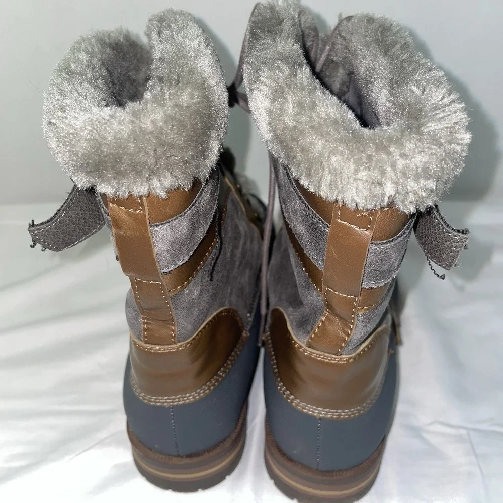 Rock & Candy Danlea Grey Brown Faux Fur Lined Lace Up Winter Duck Boots Size 9M